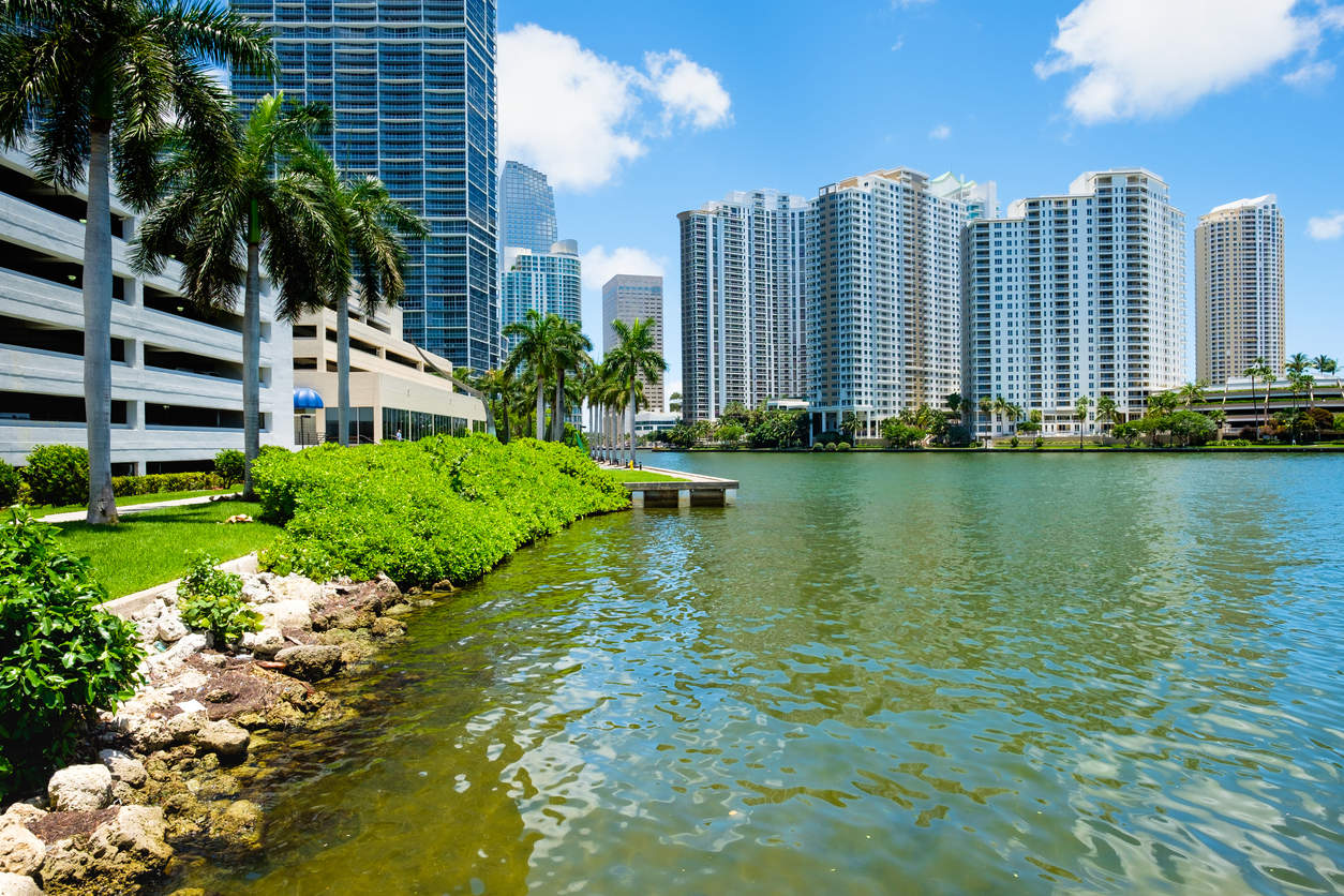 Downtown Miami along Biscayne Bay with Brickell Key in the background.